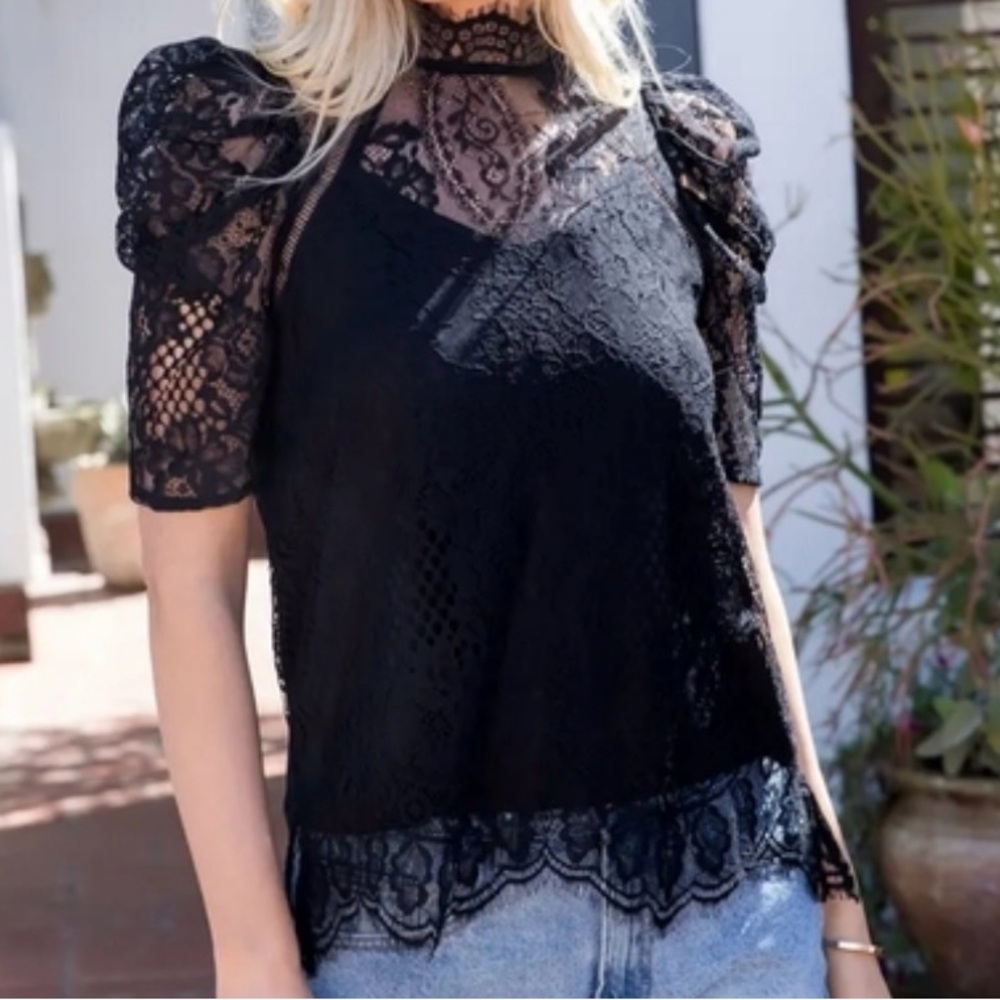 Chic Black Lace Blouse with Puff Sleeves, perfect date night! - Picture 2 of 8